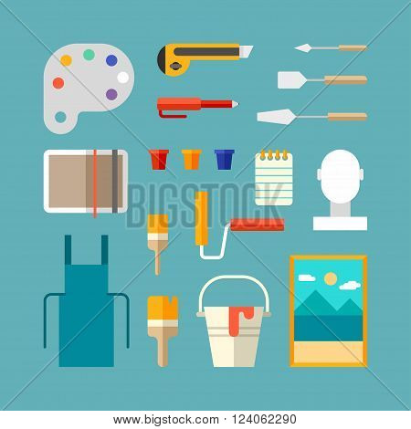 Set of Painter Supplies and Tools. Interior Design Concept. Flat Design Vector Illustration