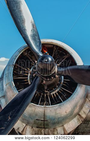 Dakota Douglas C 47 transport engine and propeller close up summer