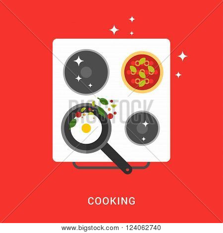 Pan with Fried Eggs on the Cooker. Cooking Concept. Flat Style Vector Illustration