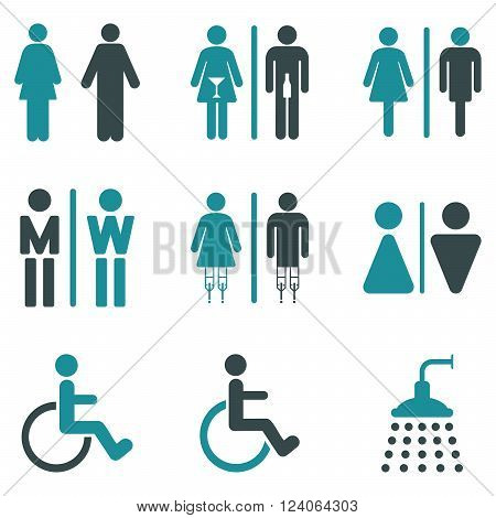 Toilet Persons vector icon set. Style is bicolor soft blue flat symbols isolated on a white background.