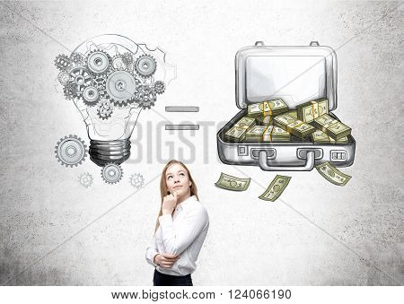 Businesswoman with hand at chin looking up bulb and open case with money equation drawn on concrete wall behind. Concept of making money.