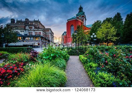 Gardens At Kungsträdgården, And St. Jacobs Kyrka In Norrmalm, Stockholm, Sweden.