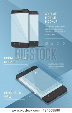 Minimalistic flat illustration of mobile phone. perspective view. Mockup generic smartphone. Template for infographics or presentation UI design. Concepts graphic design UI UIX web banner printed materials