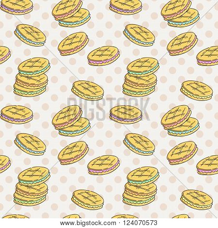 Seamless pattern of double cookies with a layer of cream, sweets or pastilles. Treats for tea, decoration for cloth, paper or site.