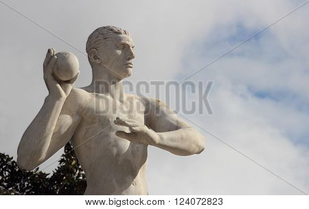 ROME ITALY - FEBRUARY 9 2016: Weight trhow Statue in the Stadio dei Marmi Stadium of the Marbles in the Foro Italico designed in the 1920s by Enrico Del Debbio