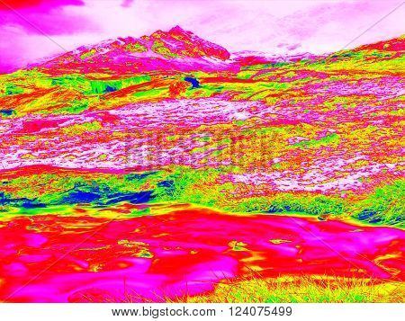 Spring mountains in infrared photo. Amazing thermography. Hilly landscape in background.