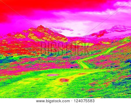 Spring mountains in infrared photo. Amazing thermography. Hilly landscape in background.