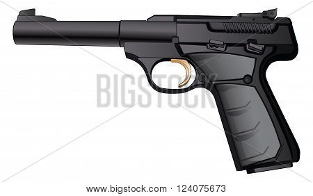 Illustration of a modern black semi-automatic 22 Caliber pistol.