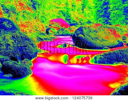 Mountain River In Infrared Photo. Amazing Thermography.