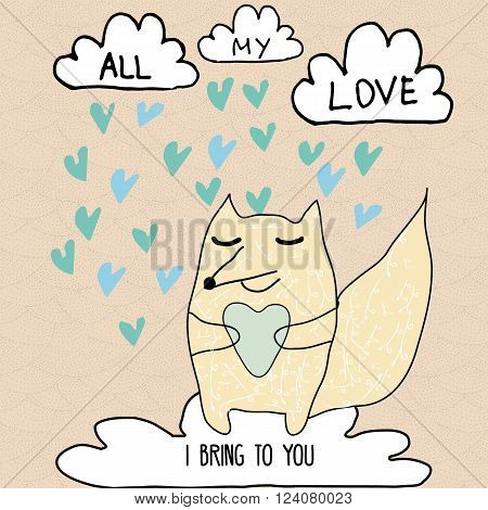 Romantic inspirational card with fox character and love clouds with hearts rain. Valentine romantic love card for wedding lovers and couples design. Cartoon sketch style