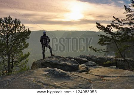 Silhouette of tourist with poles in hand. Sunny spring daybreak in rocky mountains. Hiker with sporty backpack stand on rocky view point above misty valley.
** Note: Soft Focus at 100%, best at smaller sizes