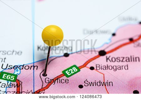 Photo of pinned Gryfice on a map of Poland. May be used as illustration for traveling theme.