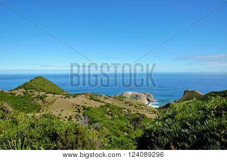 Coastal view onto the Muelle de las Almas with a clear blue sky and green hills