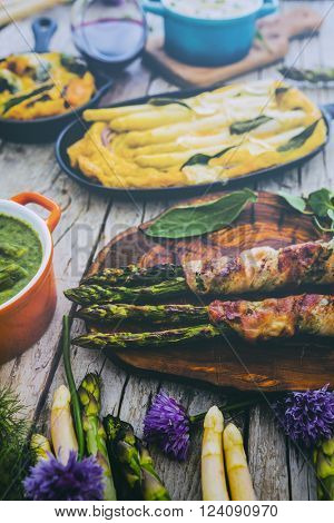 Asparagus - the delights of white and green asparagus, a variety of dishes (filtered)