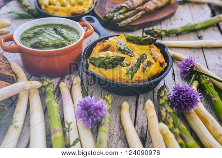Asparagus - the delights of white and green asparagus, a variety of dishes (filtered)