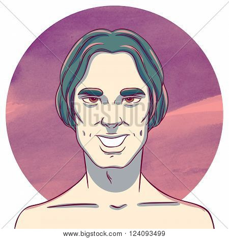 Smiking man with long dark hair on a background of watercolor circles. The illustration in comics style.