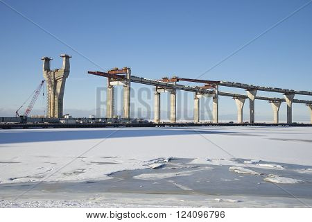 A view of the construction of the Central section of Western high speed diameter in the Gulf of Finland winter day. Saint-Petersburg, Russia