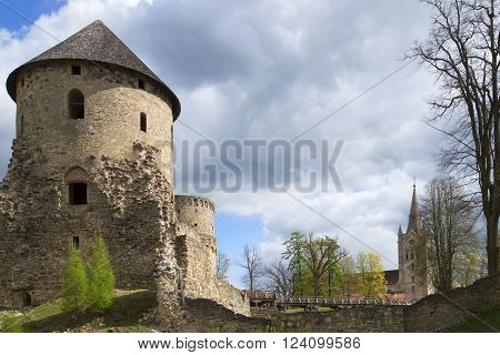 Cloudy spring day in the medieval castle of Cesis. Latvia