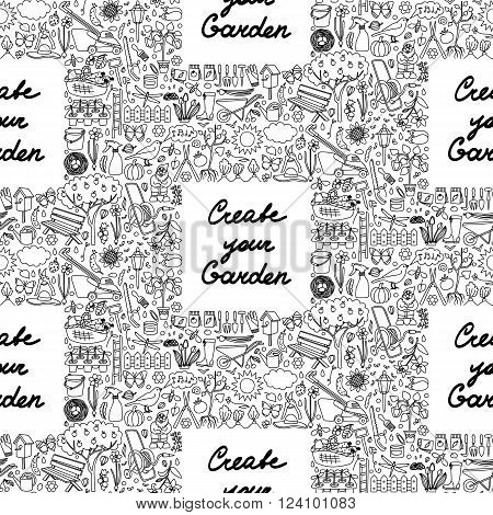 Seamless pattern of frame with hand drawn garden elements