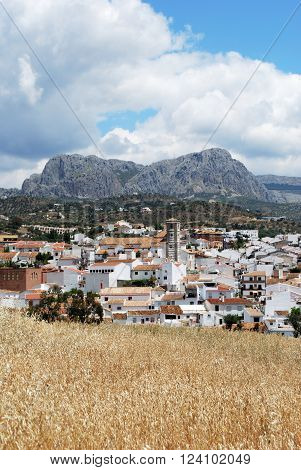 View across the town rooftops towards the mountains Rio Gordo Malaga Province Andalusia Spain Western Europe.