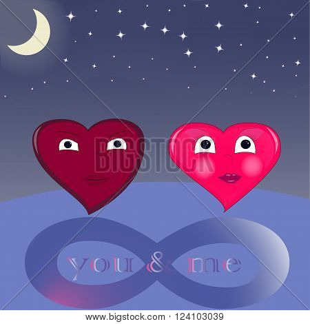 Two enamored hearts on a background of the sky, infinity