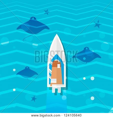 Ocean underwater life - devil fish ray family with top view yacht. Summer vacation time to travel holidays and tourism . Vector illustration