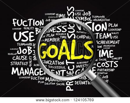 GOALS word cloud with magnifying glass, business concept