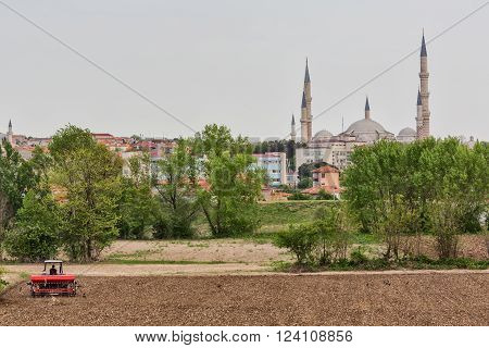 Farm field and Selimiye mosque, Edirne, Edirne Province, Turkey