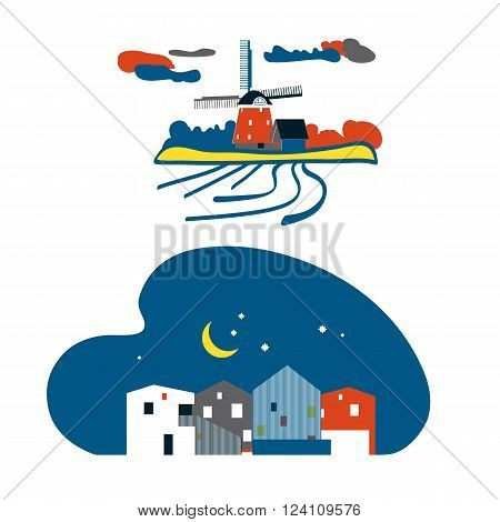 Netherlands landscape. Vector illustration . Dutch windmill with landscape and clouds.