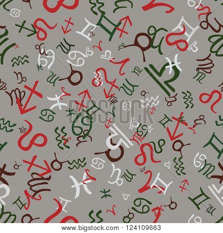Zodiac symbols seamless pattern grey. Vector illustration.