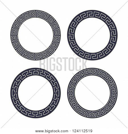 Vector set of four round meander frames. Greek hand drawn border for banner, card, invitation, postcard, label, poster, emblem and other design elements. Vector isolated illustration.