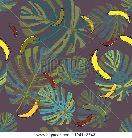 Bananas. Seamless vector pattern on a purple background. Vector ilustration