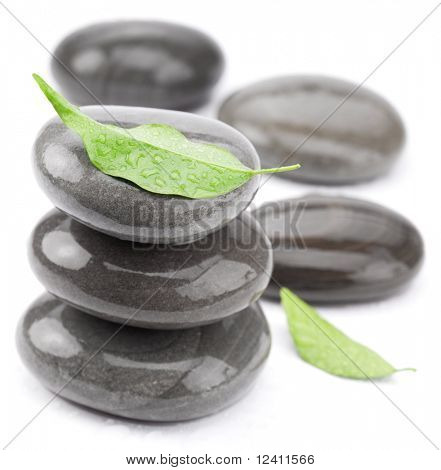 Spa Steine mit grünen Blätter auf weißem Grund.