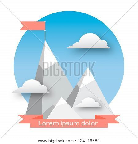 Vector flat flag on mountain. Mission. Success illustration. Top Point Flag Goal achievement. Business concept. Winning of competition or triumph design.