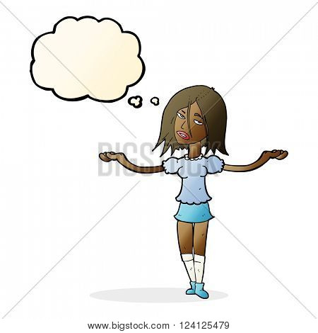 cartoon woman shrugging shoulders with thought bubble