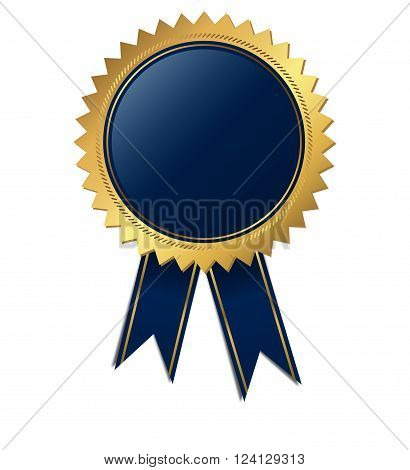 Template of quality seal colored blue with ribbons and golden frame