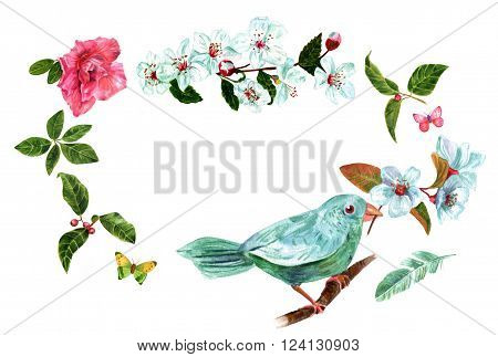 Vintage style frame with place for text with watercolor drawings of teal blue bird with branches of plum tree blossoms green leaves berries rhododendron flowers and butterflies on white background