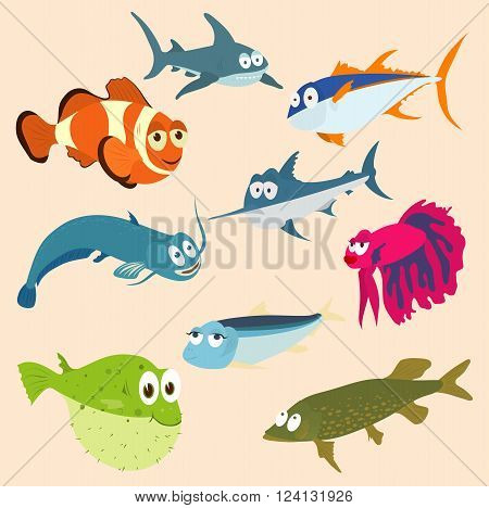 Vector illustration of set of sea creatures