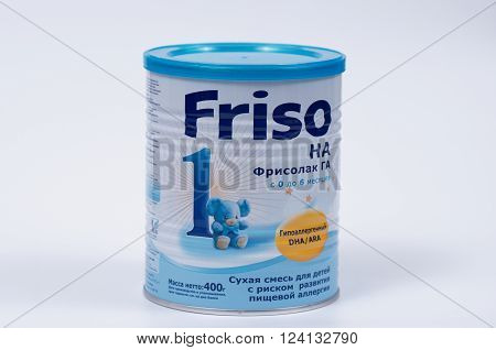 Saransk, Russia - April 2, 2016: Friso HA 400g Powder Can on a white background.
