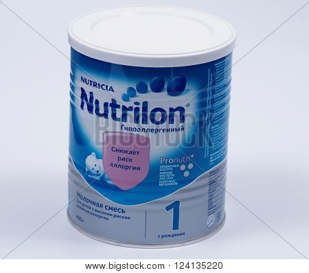 Saransk, Russia - April 2, 2016: Nutrilon 400g Powder Can on a white background.