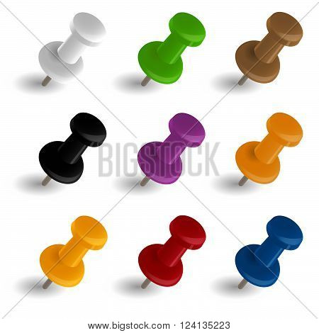 collection of pins in 9 different colors on white background