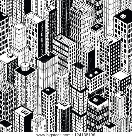 Skyscraper City Seamless Pattern (small) is hand drawing of different high-rise buildings like Manhattan in isometric projection. Illustration is in eps8 vector mode.