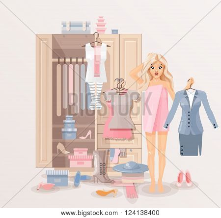Stock vector illustration of puzzled girl after shower wrapped in towel near closet with huge selection of scattered clothing and shoes for infographic, website, icon, games, motion design, video