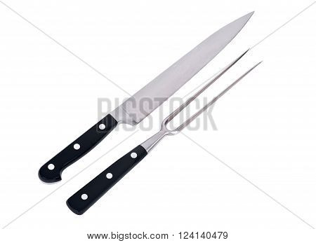 Carving knife and fork separated on white background