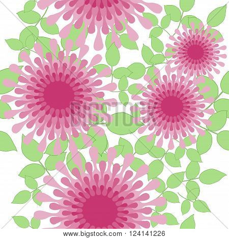 Abstract geometric floral background. Seamless blossoms in pink and red violet shades with light green leaves on white, conspicuous and dreamy.