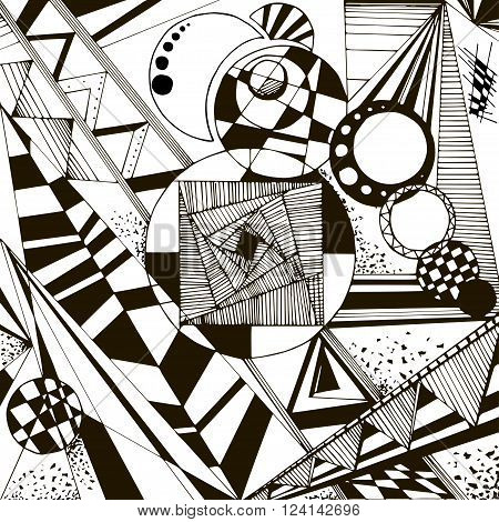 Abstract black and white geometric pattern with lines, circles, hatches, triangles, rings