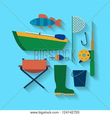 Concept set of equipment for fishing from a boat, tackle with diagonal shadows. Vector illustration