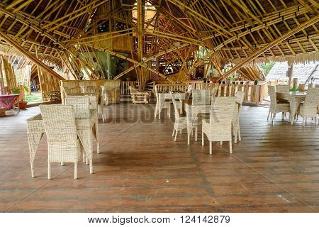 Tentena, Indonesia - Dec 12, 2015: Bamboo House by the Poso lake, built predominantly using bamboo. It's designed by Effan Adhiwira.