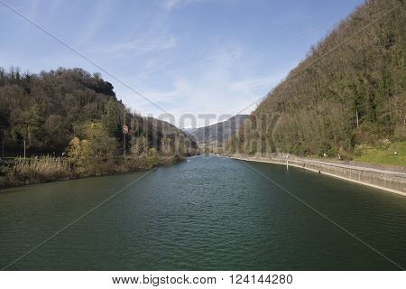 Wintry landscape of the Serchio river in Garfagnana Tuscany Italy