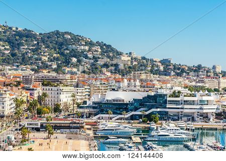 Cannes, France, - March 1, 2016: Panoramic view of Cannes, Promenade de la Croisette, the Croisette and Port Le Vieux of Cannes, France Cote d'Azur